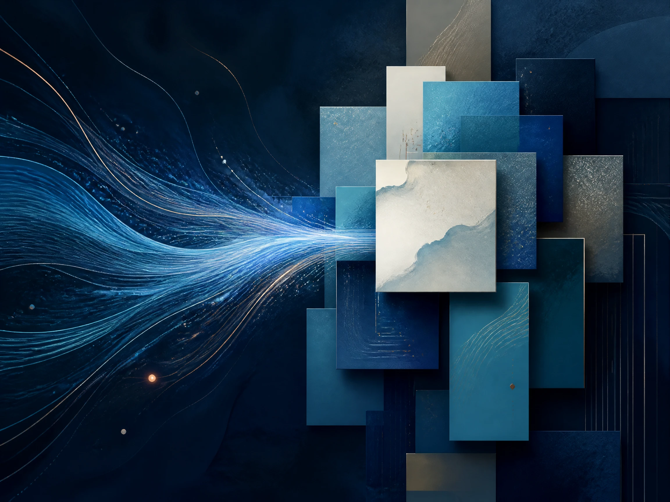 Abstract streams of information converging into an organized knowledge constellation