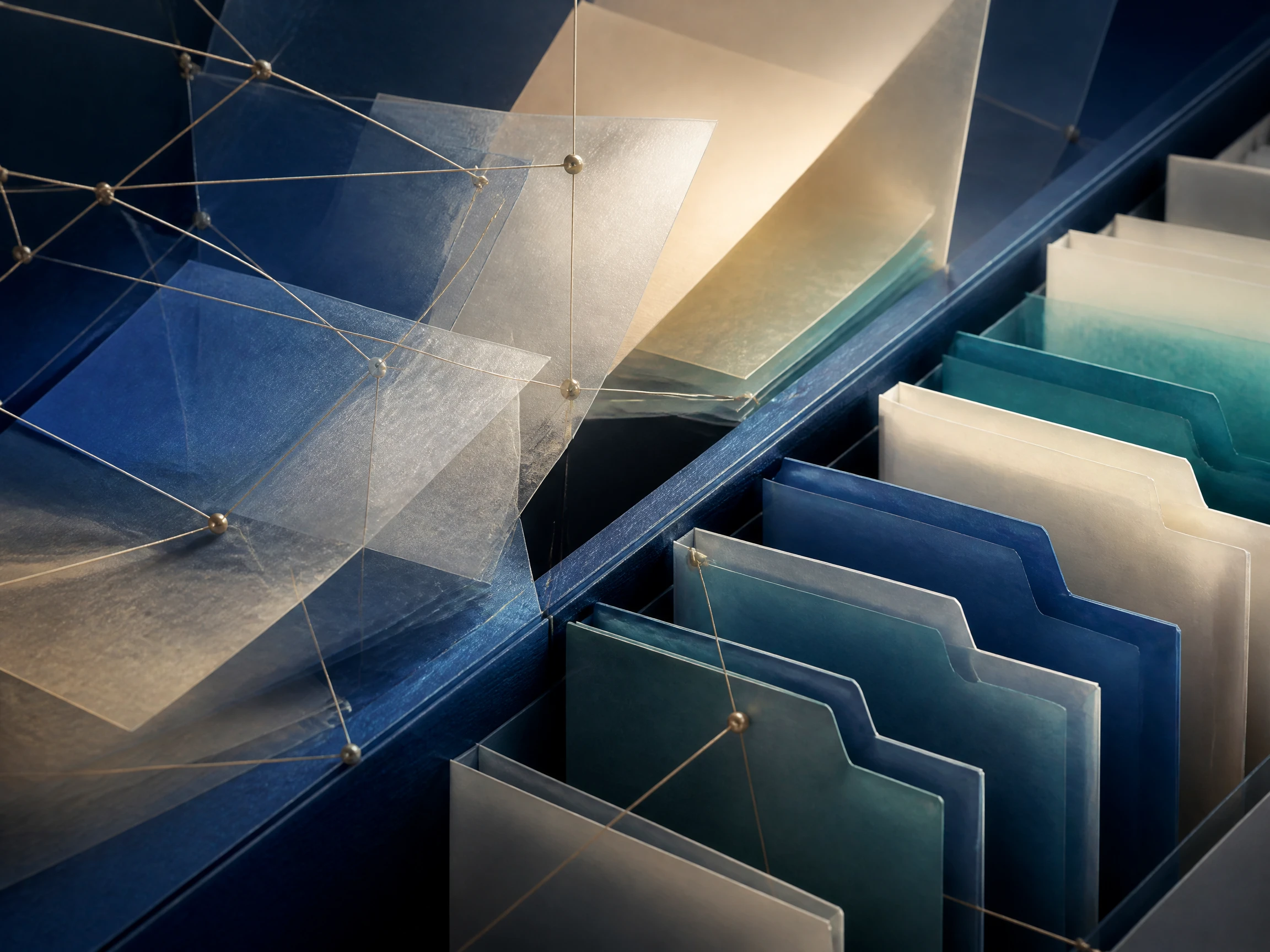 Layered notes and links representing a searchable knowledge archive